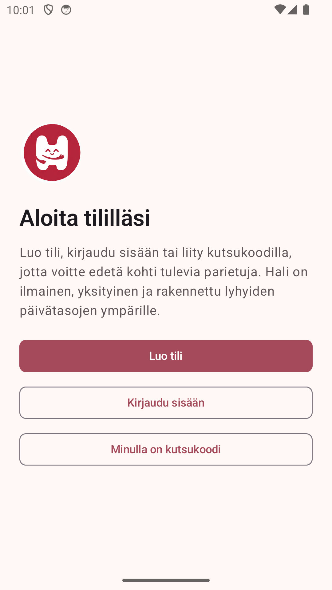 Hali app account start screen.