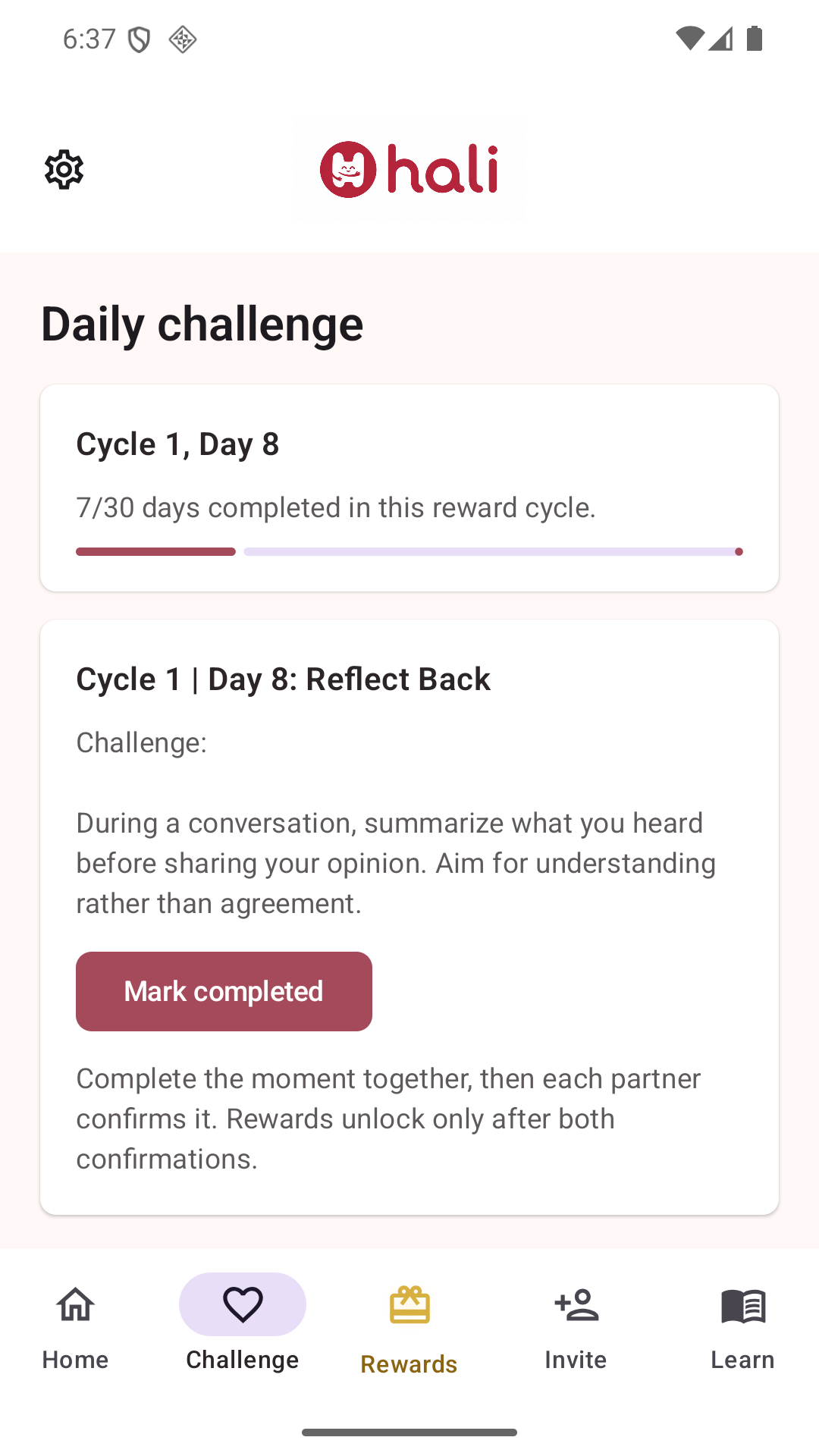 Hali's daily challenge screen in English.