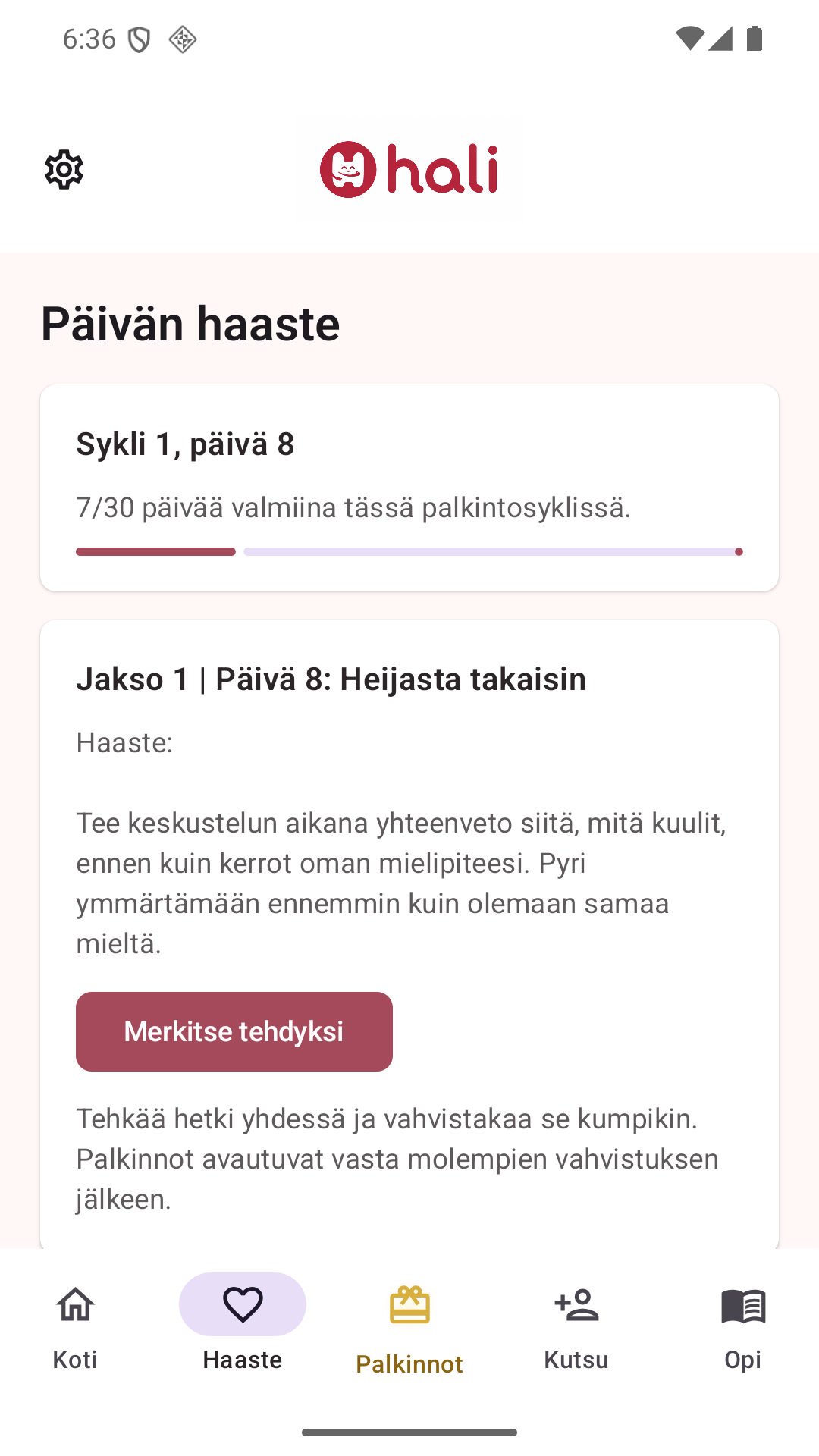Halin päivän haaste suomeksi.