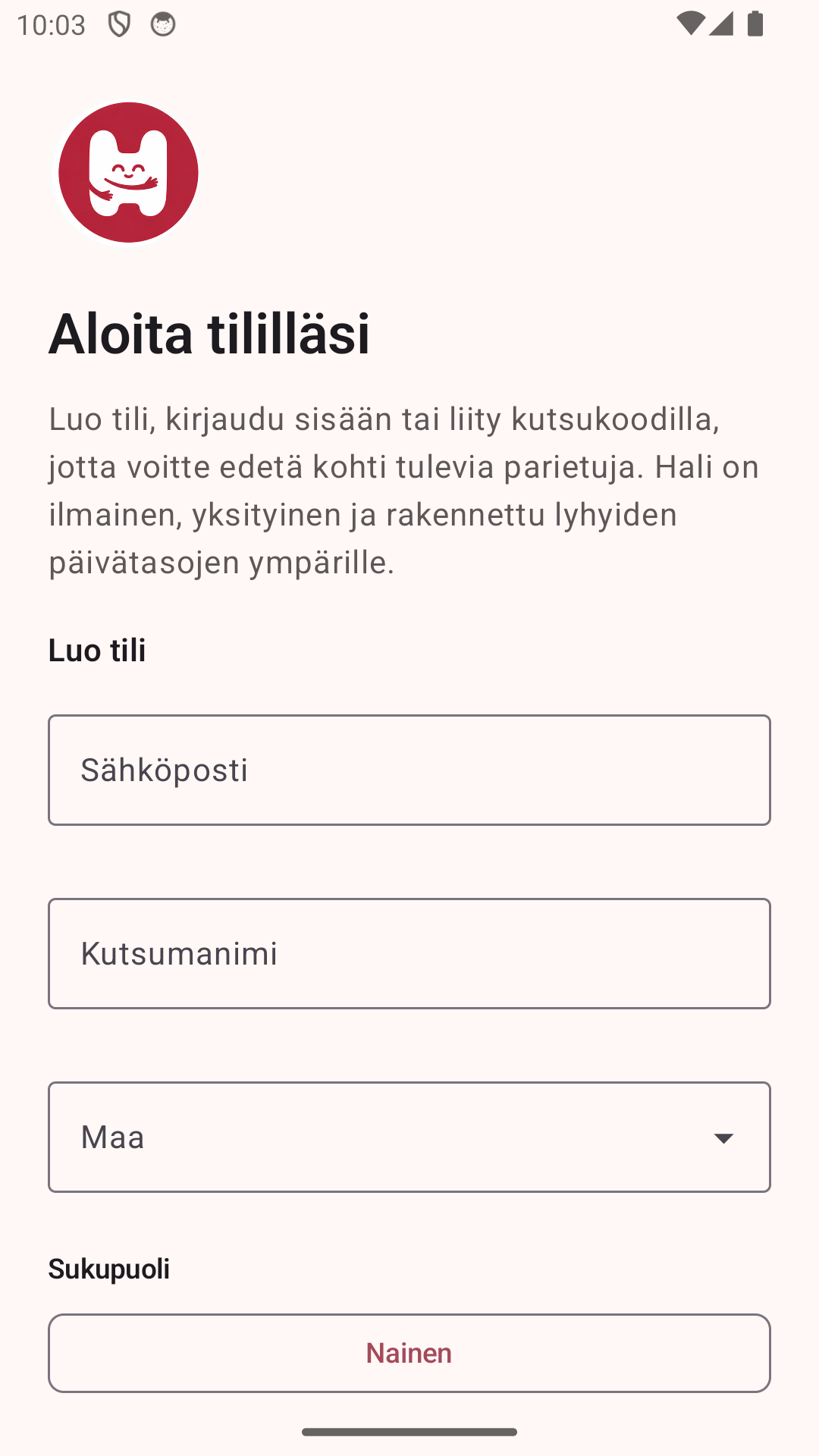 Hali app create account screen.