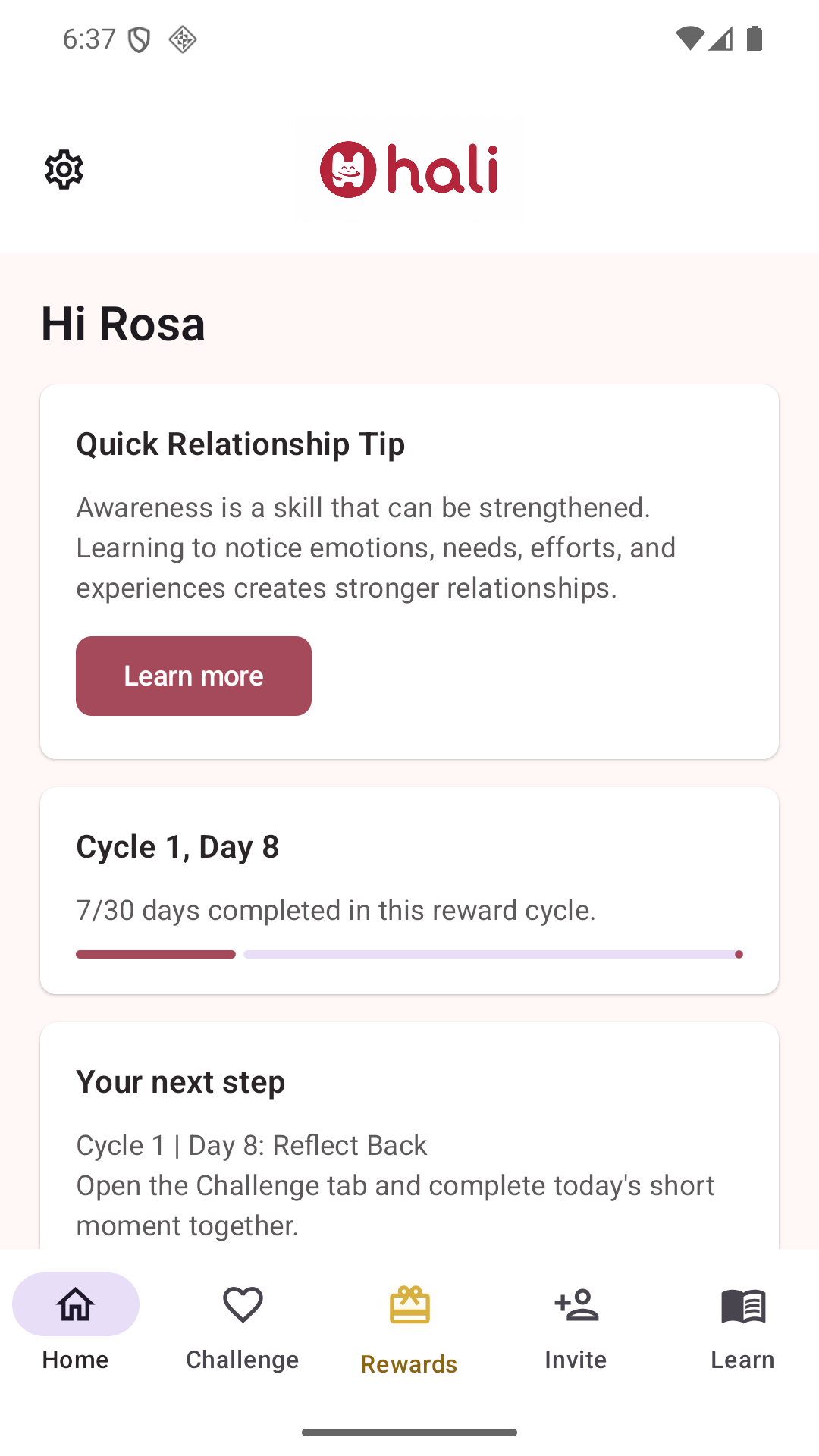 Hali's English home screen showing today's tip and progress through the 30-day cycle.