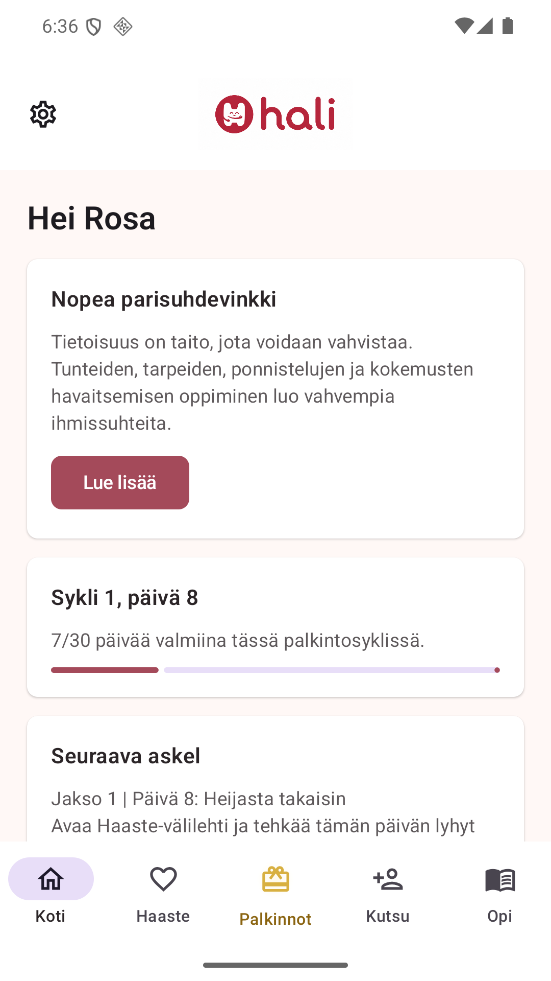 Halin suomenkielinen kotinäkymä, jossa näkyvät päivän vinkki ja 30 päivän eteneminen.