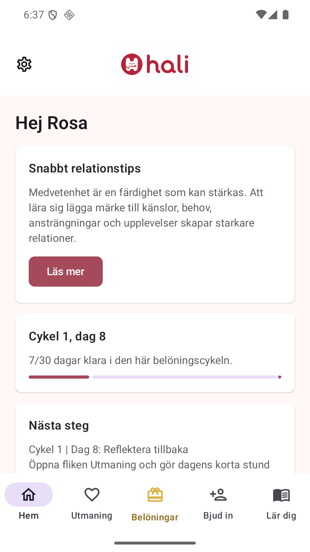 Halis svenskspråkiga startvy med dagens tips och framstegen i 30-dagarscykeln.