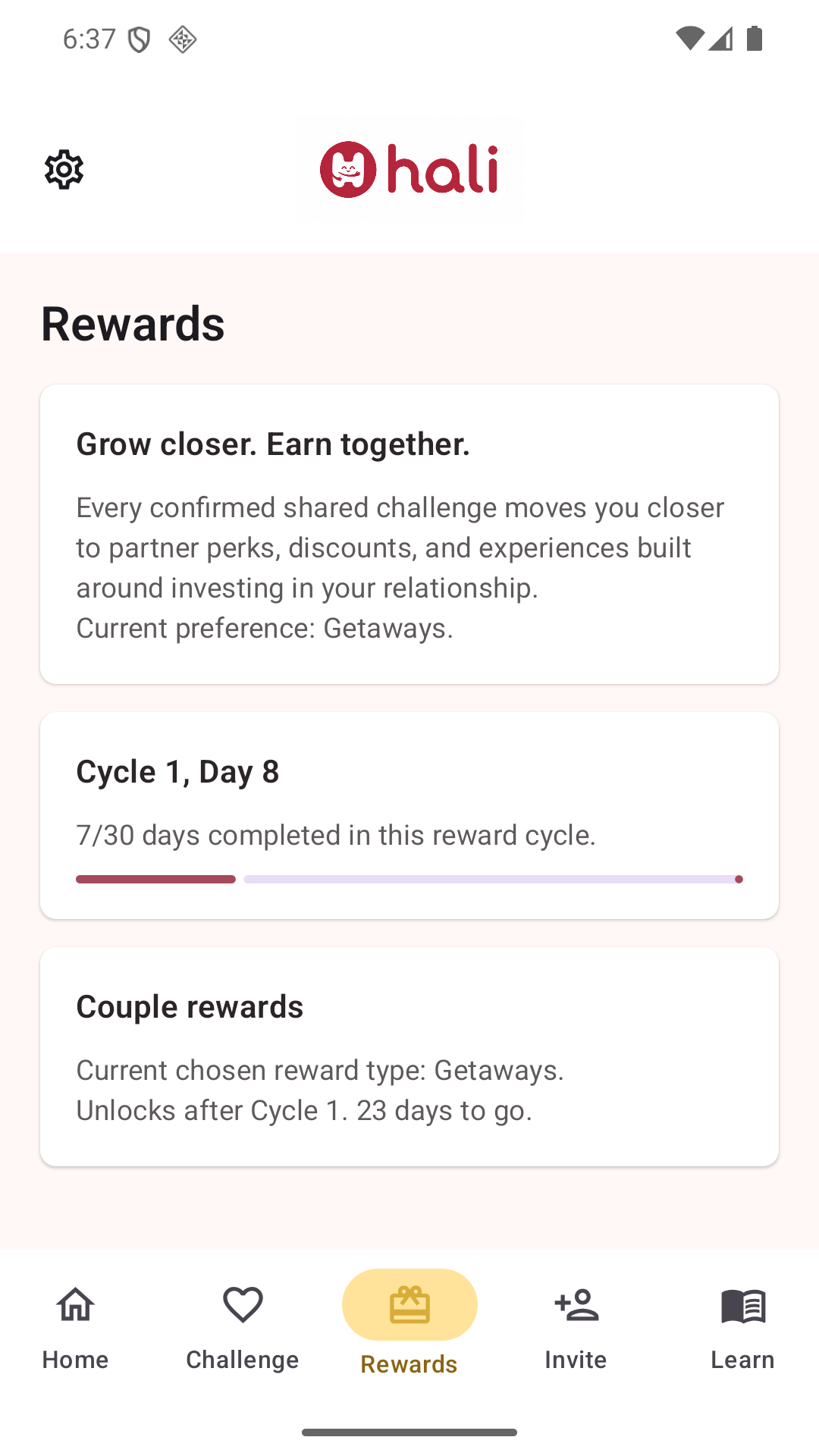 Hali's English Rewards screen showing cycle progress and the next reward.