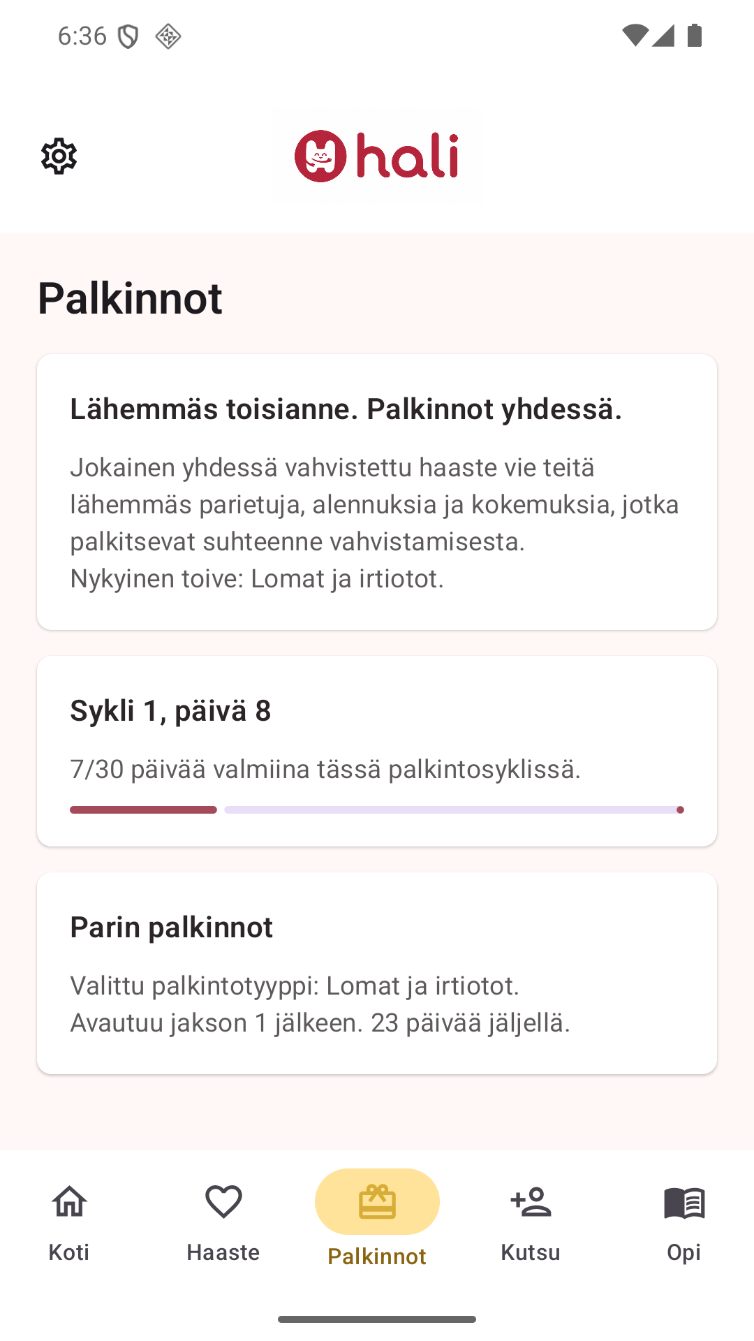 Halin suomenkielinen palkintonäkymä, jossa näkyvät jakson eteneminen ja seuraava palkinto.