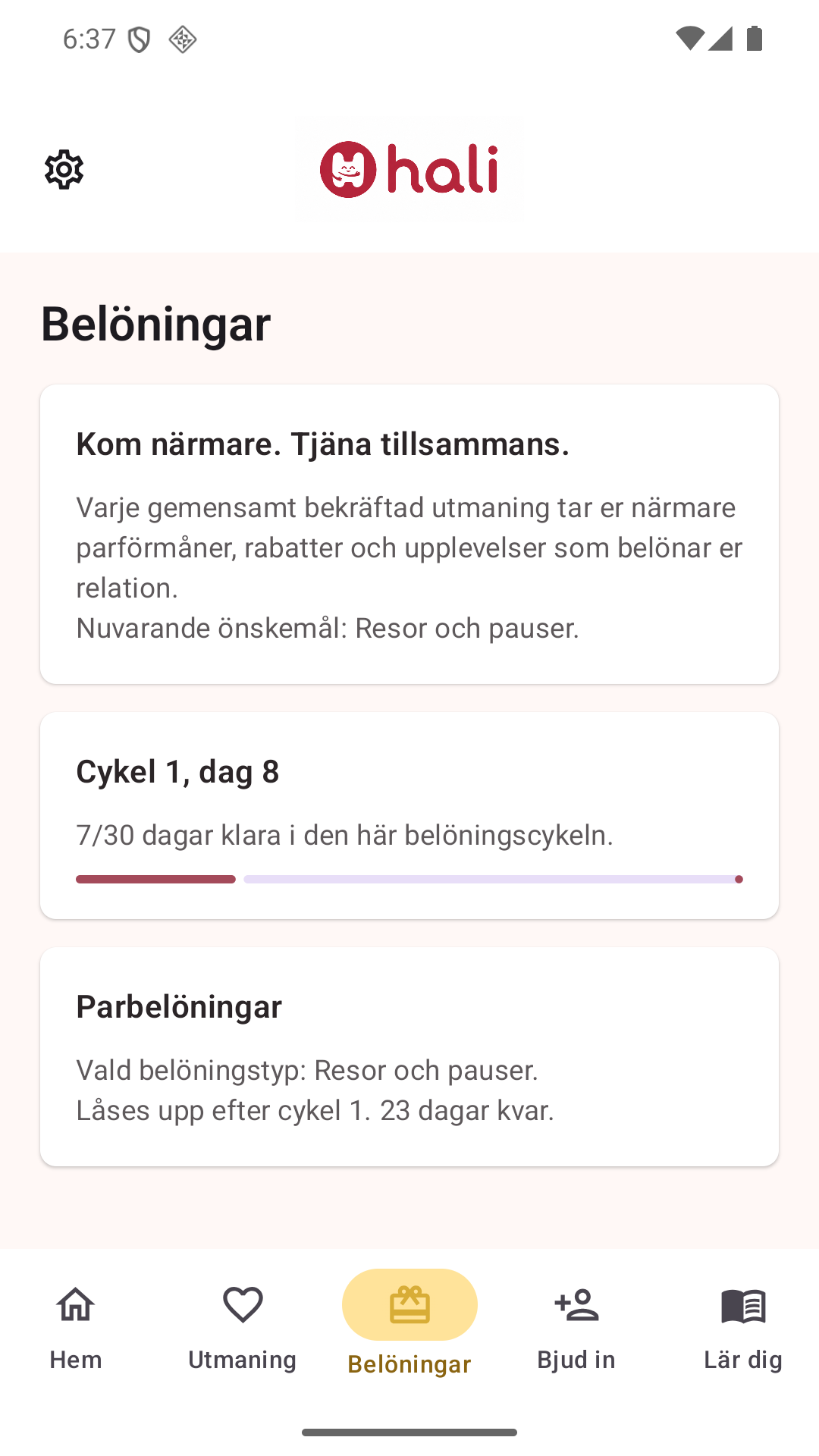 Halis svenskspråkiga belöningsvy med cykelns framsteg och nästa belöning.